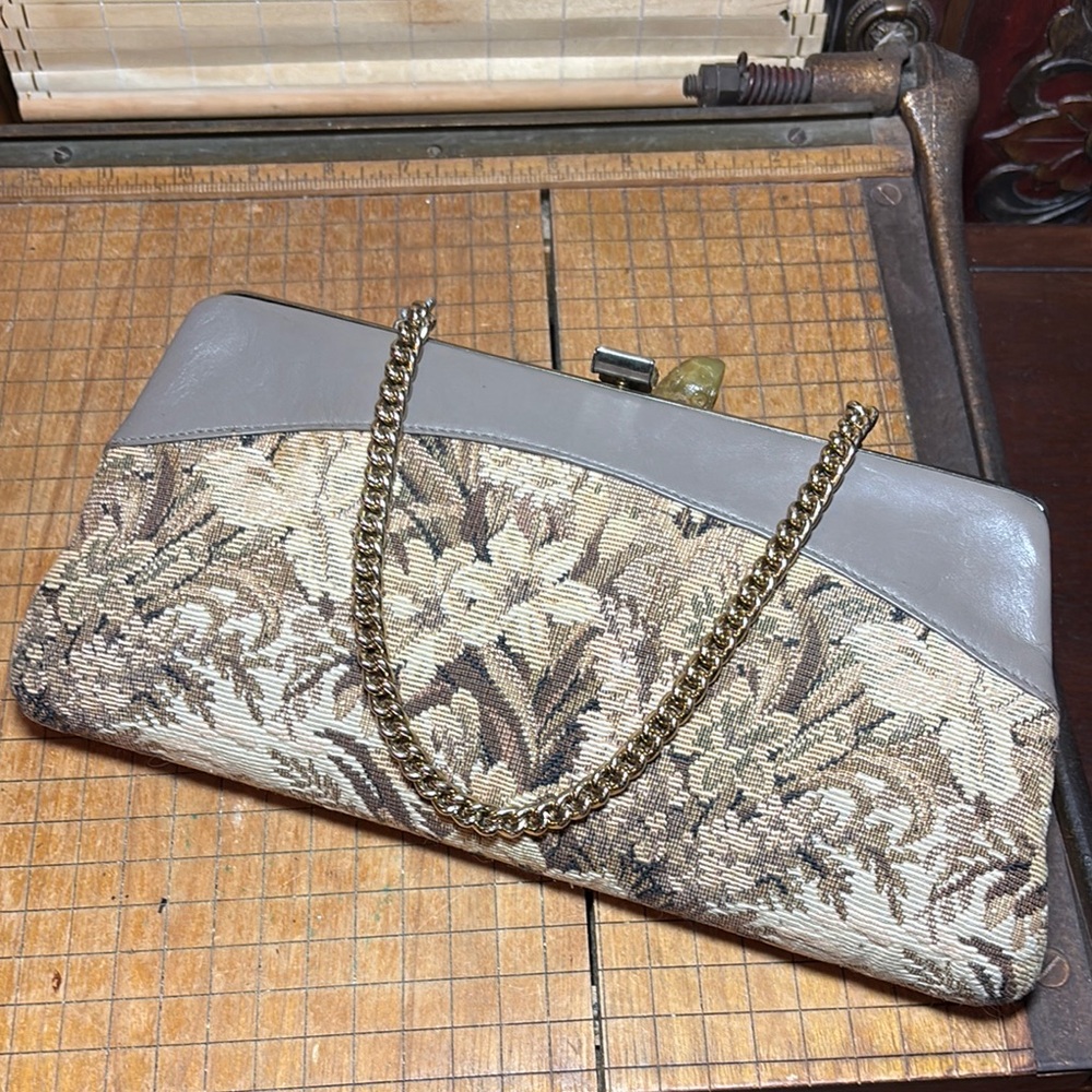 Floral Tapestry and Leather Trim Clutch w Chain Strap 10.75”Lx5.25”Hx1.75”W